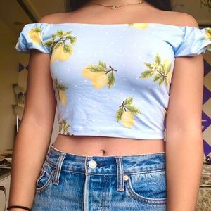 Blue Lemon Polka Dot Off the Shoulder Top